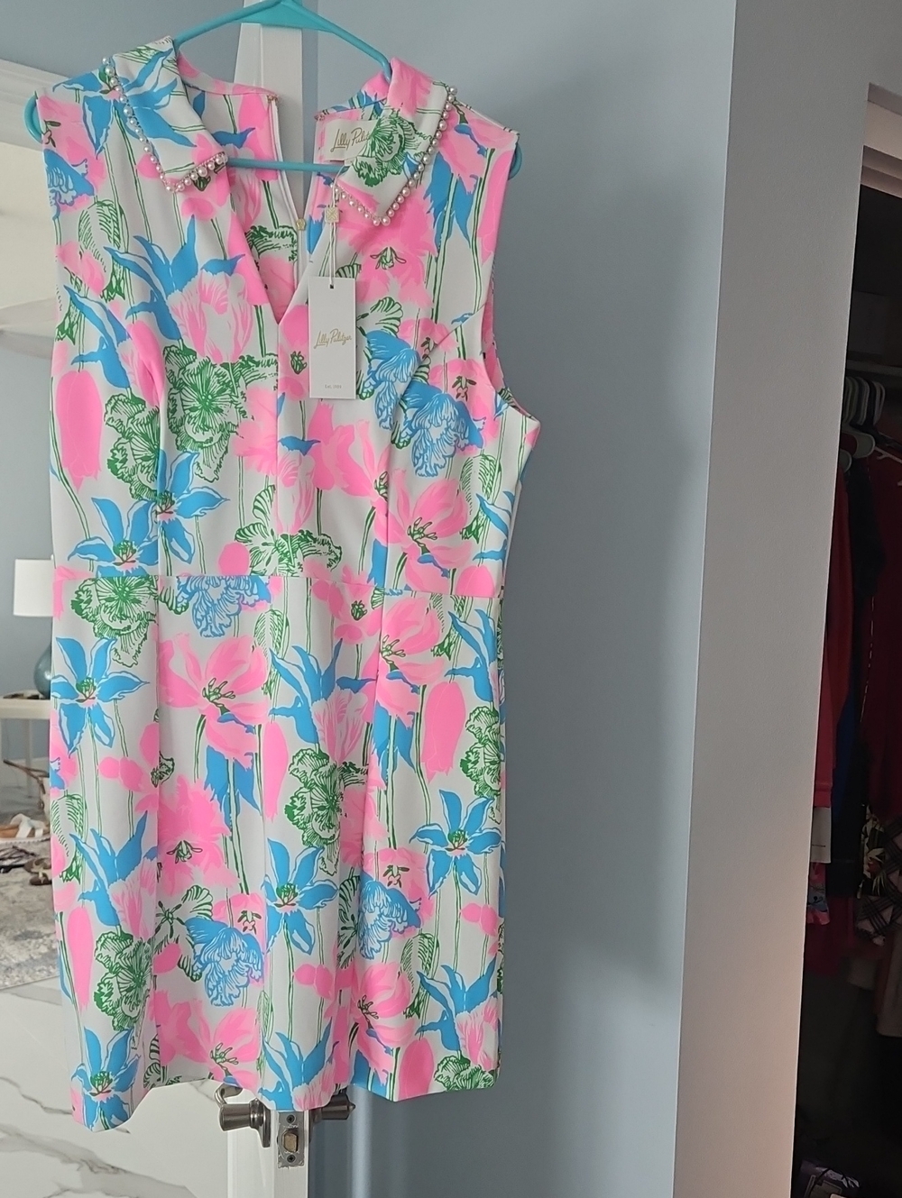 Lilly Pulitzer Pearl-Trim Floral Shift Dress in Pink, Blue & Green